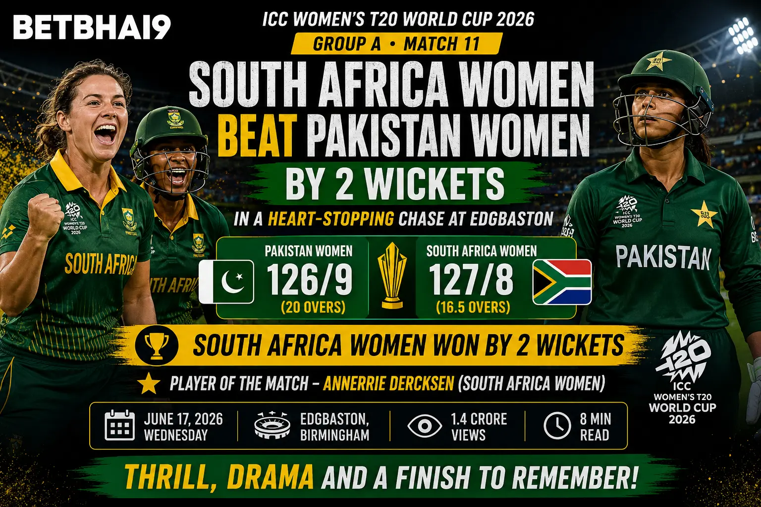 South Africa Women Beat Pakistan Women by 2 Wickets in a Heart-Stopping Chase at Edgbaston